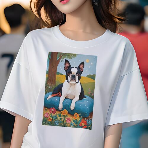 ボストンテリア Tシャツ 犬愛 ユニークデザインレディース 犬ファン 半袖 春夏 プリント 大人カジュア..