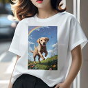 ラブラドールレトリバー Tシャツ 犬愛 ユニークデザインレディース 犬ファン 半袖 春夏 プリント 大人カジュアル かわいい 人間用 ギフト 個性的 猛暑対策 虹 ラブラドールレトリバー 空 雲 草原