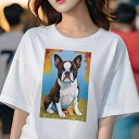 ボストンテリア Tシャツ 犬愛 ユニークデザインレディース 犬ファン 半袖 春夏 プリント 大人カジュアル かわいい 人間用 ギフト 個性的 猛暑対策 秋 ボストンテリア 紅葉 花