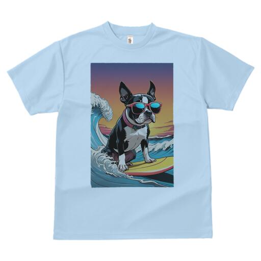 ボストンテリア Tシャツ 犬愛 ユニークデザインメンズ キッズ 犬ファン 半袖 春夏 プリント 大人カジュアル かわいい 人間用 ギフト 個性的 猛暑対策 波 ボストンテリア サーフィン サングラス 海