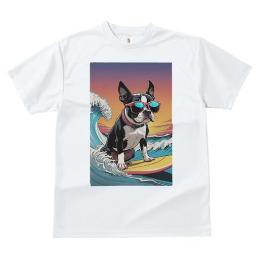 ボストンテリア Tシャツ 犬愛 ユニークデザインメンズ キッズ 犬ファン 半袖 春夏 プリント 大人カジュアル かわいい 人間用 ギフト 個性的 猛暑対策 波 ボストンテリア サーフィン サングラス 海