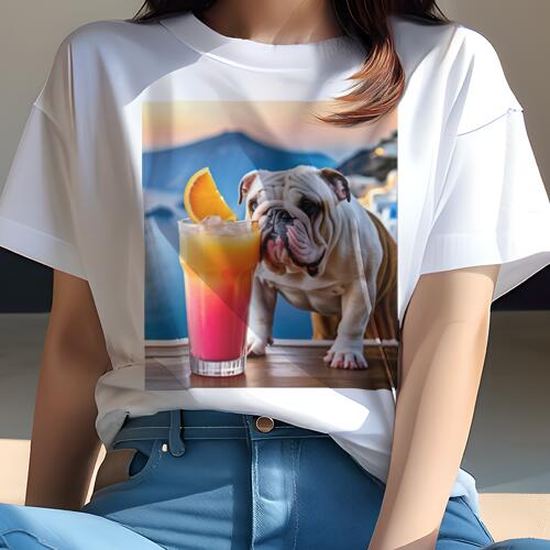 ブルドッグ Tシャツ 犬愛 ユニークデザインレディース 犬ファン 半袖 春夏 プリント 大人カジュアル かわいい 人間用 ギフト 個性的 猛暑対策 カクテル ブルドッグ オレンジ