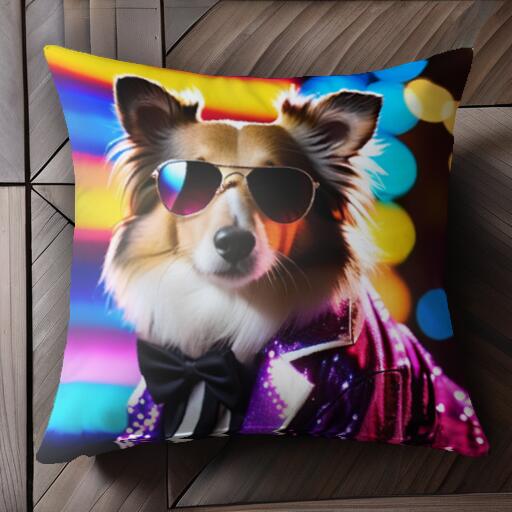 サングラス シェットランドシープドッグ ジャケット 蝶ネクタイ ストライプ クッションカバー 45×45cm アニマル柄 おしゃれ 可愛い クッション本体付き 正方形