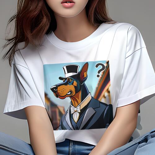 ドーベルマン Tシャツ 犬愛 ユニークデザインレディース 犬ファン 半袖 春夏 プリント 大人カジュアル かわいい 人間用 ギフト 個性的 猛暑対策 帽子 ドーベルマン スーツ 蝶ネクタイ