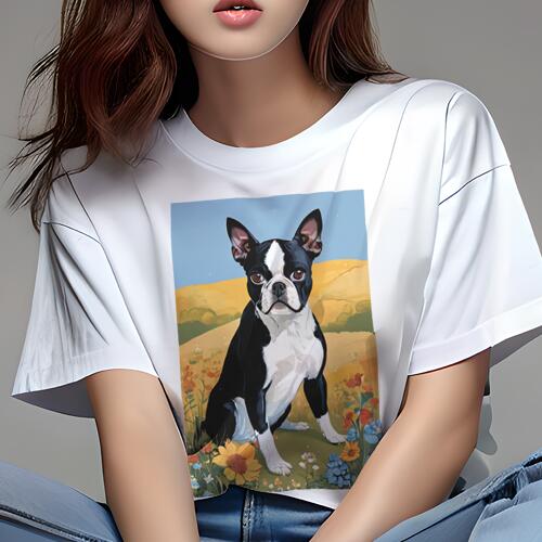 ボストンテリア Tシャツ 犬愛 ユニークデザインレディース 犬ファン 半袖 春夏 プリント 大人カジュアル かわいい 人間用 ギフト 個性的 猛暑対策 花 ボストンテリア 丘 風景