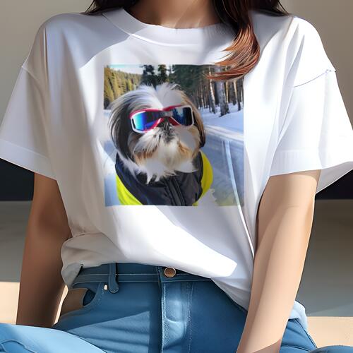 シーズー Tシャツ 犬愛 ユニークデザインレディース 犬ファン 半袖 春夏 プリント 大人カジュアル かわいい 人間用 ギフト 個性的 猛暑対策 スキー シーズー 冬 雪 山