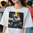秋田犬 Tシャツ 犬愛 ユニークデザインレディース 犬ファン 半袖 春夏 プリント 大人カジュアル かわいい 人間用 ギフト 個性的 猛暑対策 サングラス 秋田犬 革ジャン ネックレス