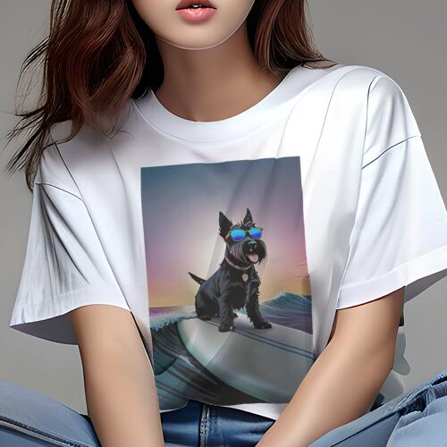 スコティッシュテリア Tシャツ 犬愛 ユニークデザインレディース 犬ファン 半袖 春夏 プリント 大人カジュアル かわいい 人間用 ギフト 個性的 猛暑対策 サングラス スコティッシュテリア サーフィン 波 海