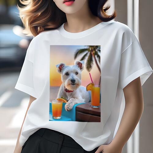 ミニチュアシュナウザー Tシャツ 犬愛 ユニークデザインレディース 犬ファン 半袖 春夏 プリント 大人カジュアル かわいい 人間用 ギフト 個性的 猛暑対策 カクテル ミニチュアシュナウザー パイナップル オレンジ ヤシの木