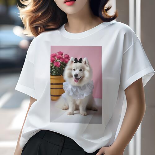 サモエド Tシャツ 犬愛 ユニークデザインレディース 犬ファン 半袖 春夏 プリント 大人カジュアル かわいい 人間用 ギフト 個性的 猛暑対策 バラ サモエド 花束 リボン