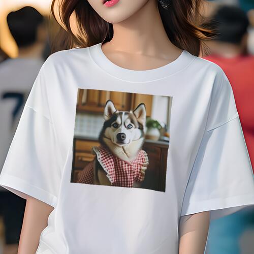 シベリアンハスキー Tシャツ 犬愛 ユニークデザインレディース 犬ファン 半袖 春夏 プリント 大人カジュアル かわいい 人間用 ギフト 個性的 猛暑対策 エプロン シベリアンハスキー チェック柄