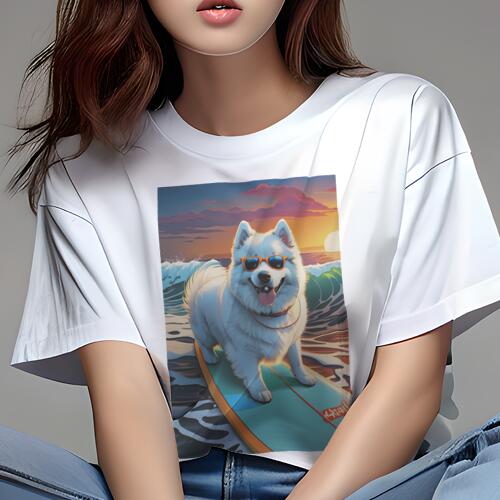 サモエド Tシャツ 犬愛 ユニークデザインレディース 犬ファン 半袖 春夏 プリント 大人カジュアル かわいい 人間用 ギフト 個性的 猛暑対策 サーフィン サモエド 海 夕焼け 波