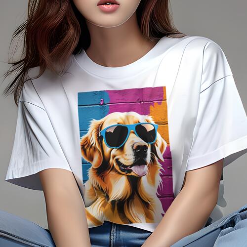 ゴールデンレトリバー Tシャツ 犬愛 ユニークデザインレディース 犬ファン 半袖 春夏 プリント 大人カジュアル かわいい 人間用 ギフト 個性的 猛暑対策 サングラス ゴールデンレトリバー レンガ