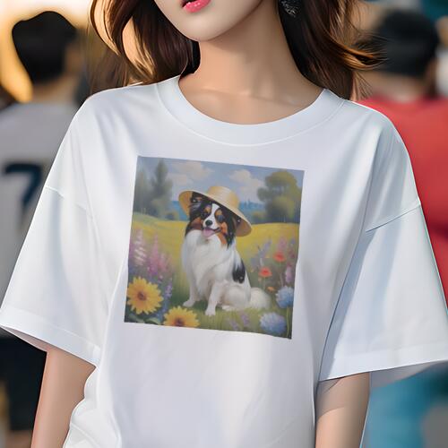パピヨン Tシャツ 犬愛 ユニークデザインレディース 犬ファン 半袖 春夏 プリント 大人カジュアル かわいい 人間用 ギフト 個性的 猛暑対策 帽子 パピヨン 花 風景