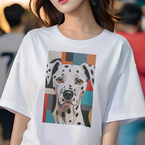 ダルメシアン Tシャツ 犬愛 ユニークデザインレディース 犬ファン 半袖 春夏 プリント 大人カジュアル かわいい 人間用 ギフト 個性的 猛暑対策 幾何学模様 ダルメシアン ポップアート