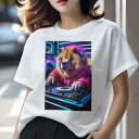 チャウチャウ Tシャツ 犬愛 ユニークデザインレディース 犬ファン 半袖 春夏 プリント 大人カジュアル かわいい 人間用 ギフト 個性的 猛暑対策 DJ チャウチャウ ヘッドホン ネオン
