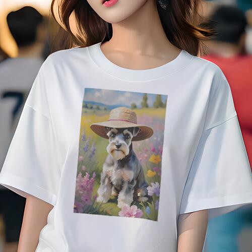 ミニチュアシュナウザー Tシャツ 犬愛 ユニークデザインレディース 犬ファン 半袖 春夏 プリント 大人カジュアル かわいい 人間用 ギフト 個性的 猛暑対策 帽子 ミニチュアシュナウザー 花畑 夏 春