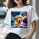 ゴールデンレトリバー Tシャツ 犬愛 ユニークデザインレディース 犬ファン 半袖 春夏 プリント 大人カジュアル かわいい 人間用 ギフト 個性的 猛暑対策 サングラス ゴールデンレトリバー 夜景 ライト