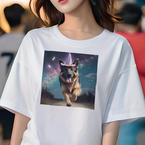 ジャーマンシェパード Tシャツ 犬愛 ユニークデザインレディース 犬ファン 半袖 春夏 プリント 大人カジュアル かわいい 人間用 ギフト 個性的 猛暑対策 魔法使いの帽子 ジャーマンシェパード 星空