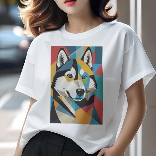 シベリアンハスキー Tシャツ 犬愛 ユニークデザインレディース 犬ファン 半袖 春夏 プリント 大人カジュアル かわいい 人間用 ギフト 個性的 猛暑対策 幾何学模様 シベリアンハスキー アート