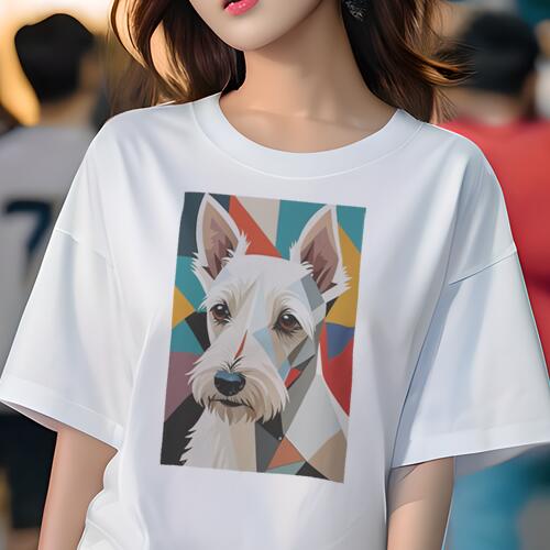 スコティッシュテリア Tシャツ 犬愛 ユニークデザインレディース 犬ファン 半袖 春夏 プリント 大人カジュアル かわいい 人間用 ギフト 個性的 猛暑対策 幾何学模様 スコティッシュテリア アート