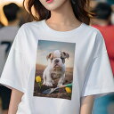 ブルドッグ Tシャツ 犬愛 ユニークデザインレディース 犬ファン 半袖 春夏 プリント 大人カジュアル かわいい 人間用 ギフト 個性的 猛暑対策 チューリップ ブルドッグ 庭 シャベル 土