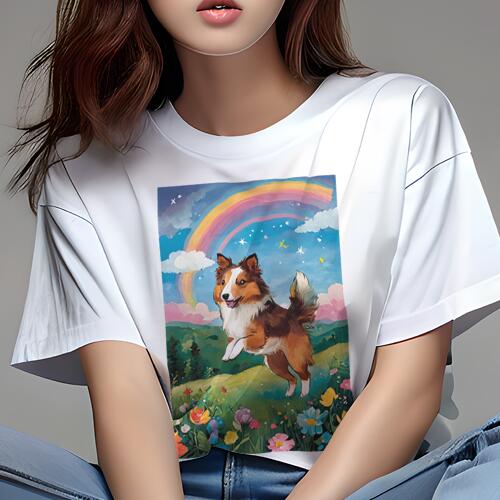 シェットランドシープドッグ Tシャツ 犬愛 ユニークデザインレディース 犬ファン 半袖 春夏 プリント 大人カジュアル かわいい 人間用 ギフト 個性的 猛暑対策 虹 シェットランドシープドッグ 花 空 雲