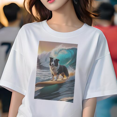 ボーダーコリー Tシャツ 犬愛 ユニークデザインレディース 犬ファン 半袖 春夏 プリント 大人カジュアル かわいい 人間用 ギフト 個性的 猛暑対策 波 ボーダーコリー サーフィンのサムネイル