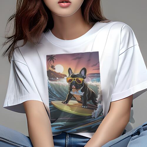 フレンチブルドッグ Tシャツ 犬愛 ユニークデザインレディース 犬ファン 半袖 春夏 プリント 大人カジュアル かわいい 人間用 ギフト 個性的 猛暑対策 サーフィン フレンチブルドッグ 海 ビーチ サングラス