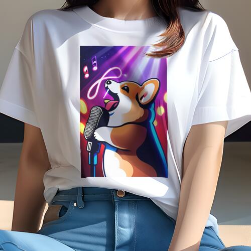 コーギー Tシャツ 犬愛 ユニークデザインレディース 犬ファン 半袖 春夏 プリント 大人カジュアル かわいい 人間用 ギフト 個性的 猛暑対策 マイク コーギー 音楽 ライト