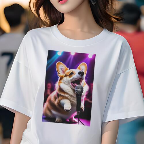 コーギー Tシャツ 犬愛 ユニークデザインレディース 犬ファン 半袖 春夏 プリント 大人カジュアル かわいい 人間用 ギフト 個性的 猛暑対策 マイク コーギー ステージ ライト