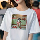 シベリアンハスキー Tシャツ 犬愛 ユニークデザインレディース 犬ファン 半袖 春夏 プリント 大人カジュアル かわいい 人間用 ギフト 個性的 猛暑対策 イチゴ シベリアンハスキー キッチン