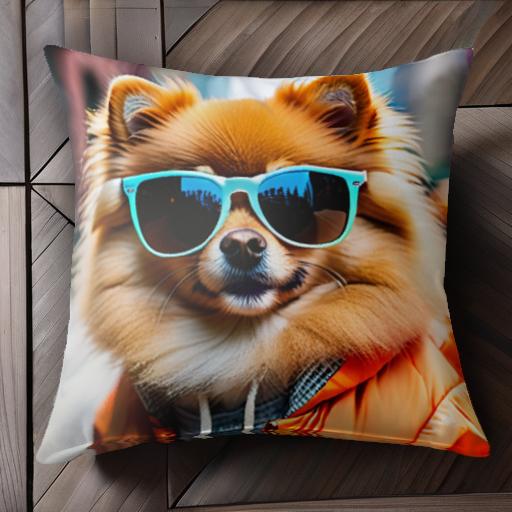 サングラス ポメラニアン オレンジのジャケット 犬 都市 ストリート クッションカバー 犬柄 45×45cm アニマル柄 おしゃれ 可愛い クッション本体付き 正方形