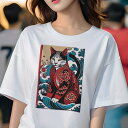 Tシャツ 和風 和柄 男気 和モダン 日本画風 浮世絵風 ヤンキー アウトローレディース 半袖 春夏 プリント カジュアル ジャパニーズ 人間用 かっこいい 猫 着物 波 和風 花柄