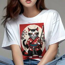 Tシャツ 和風 和柄 男気 和モダン 日本画風 浮世絵風 ヤンキー アウトローレディース 半袖 春夏 プリント カジュアル ジャパニーズ 人間用 かっこいい 猫 武士 侍 着物 日本刀(4)
