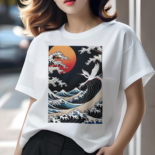 Tシャツ 和風 和柄 男気 和モダン 日本画風 浮世絵風 ヤンキー アウトローレディース 半袖 春夏 プリント カジュアル ジャパニーズ 人間用 かっこいい 波 月 太陽 海 和風