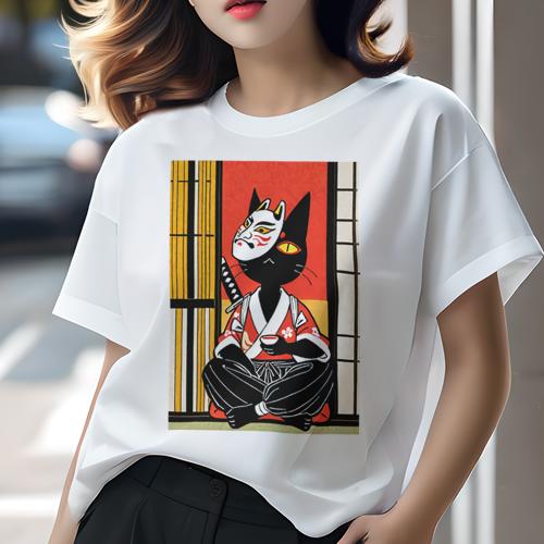 Tシャツ 和風 和柄 男気 和モダン 日本画風 浮世絵風 ヤンキー アウトローレディース 半袖 春夏 プリント カジュアル ジャパニーズ 人間用 かっこいい 猫 侍 武士道 日本 マスク