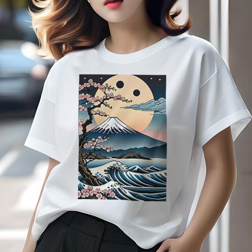 Tシャツ 和風 和柄 男気 和モダン 日本画風 浮世絵風 ヤンキー アウトローレディース 半袖 春夏 プリント カジュアル ジャパニーズ 人間用 かっこいい 富士山 波 月 桜 日本画