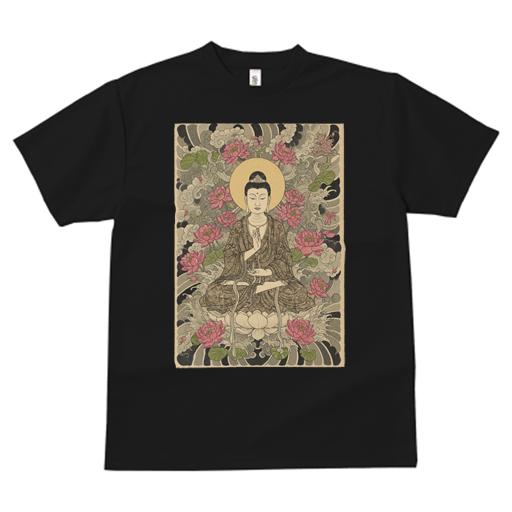 Tシャツ 和風 和柄 男気 和モダン 日本画風 浮世絵風 ヤンキー アウトローメンズ キッズ 半袖 春夏 プリント カジュアル ジャパニーズ 人間用 かっこいい 仏 蓮 悟り 瞑想 宗教