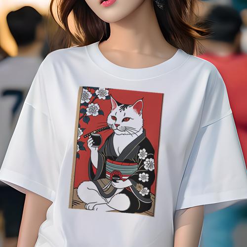 Tシャツ 和風 和柄 男気 和モダン 日本画風 浮世絵風 ヤンキー アウトローレディース 半袖 春夏 プリント カジュアル ジャパニーズ 人間用 かっこいい 着物 猫 花 日本
