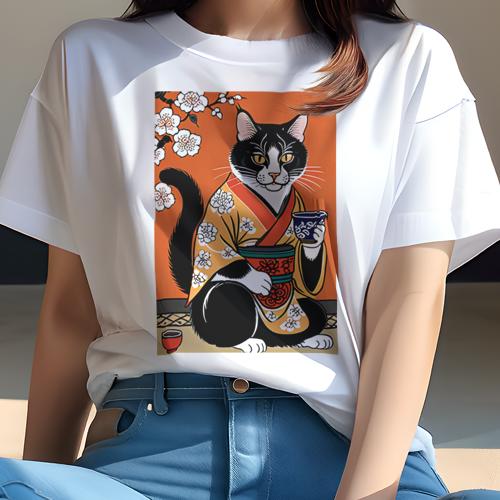 Tシャツ 和風 和柄 男気 和モダン 日本画風 浮世絵風 ヤンキー アウトローレディース 半袖 春夏 プリント カジュアル ジャパニーズ 人間用 かっこいい 着物 猫 花柄 日本