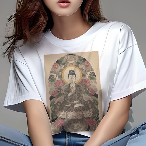 Tシャツ 和風 和柄 男気 和モダン 日本画風 浮世絵風 ヤンキー アウトローレディース 半袖 春夏 プリント カジュアル ジャパニーズ 人間用 かっこいい 仏 蓮 悟り 瞑想 宗教