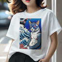 Tシャツ 和風 猫柄 和柄 男気 浮世絵風 刺青猫 ギフト ユニークデザイン レディース 半袖 春夏 プリント 猛暑対策 人間用 波 花 猫 和風 刺青