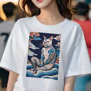 Tシャツ 和風 猫柄 和柄 男気 浮世絵風 刺青猫 ギフト ユニークデザイン レディース 半袖 春夏 プリント 猛暑対策 人間用 猫 刺青 和風 花 雲