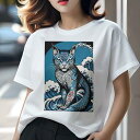 Tシャツ 和風 猫柄 和柄 男気 浮世絵風 刺青猫 ギフト ユニークデザイン レディース 半袖 春夏 プリント 猛暑対策 人間用 猫 波 和風 タトゥー アート