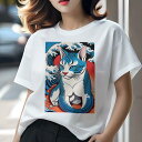 Tシャツ 和風 猫柄 和柄 男気 浮世絵風 刺青猫 ギフト ユニークデザイン レディース 半袖 春夏 プリント 猛暑対策 人間用 波 和風 猫 アート