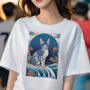 Tシャツ 和風 猫柄 和柄 男気 浮世絵風 刺青猫 ギフト ユニークデザイン レディース 半袖 春夏 プリント 猛暑対策 人間用 猫 花柄 波 和柄 陶器