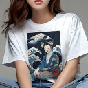 Tシャツ 和風 猫柄 和柄 男気 浮世絵風 刺青猫 ギフト ユニークデザイン レディース 半袖 春夏 プリント 猛暑対策 人間用 波 着物 女性 日本画 和風