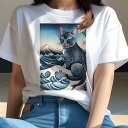 Tシャツ 和風 猫柄 和柄 男気 浮世絵風 刺青猫 ギフト ユニークデザイン レディース 半袖 春夏 プリント 猛暑対策 人間用 波 海 和風 猫 桜