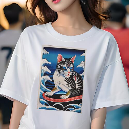 Tシャツ 和風 猫柄 和柄 男気 浮世絵風 刺青猫 ギフト ユニークデザイン レディース 半袖 春夏 プリント 猛暑対策 人間用 波 海 猫 和風 アート